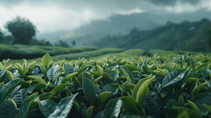 Fototapeta na wymiar Green tea bud and leaves. Tea plantations. Tea leaves on a plantation