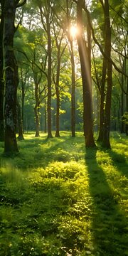 Tranquil forest glade bathed in dappled sunlight
