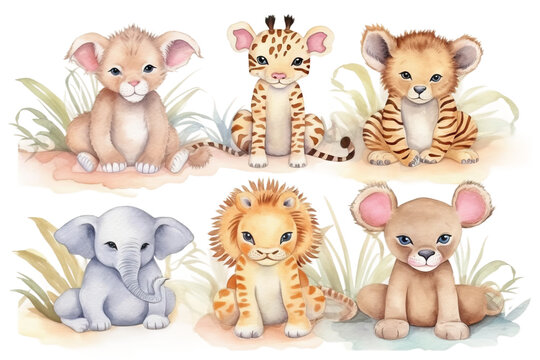 Safari Jungle painting plate name wood Baby illustration watercolor animals animals