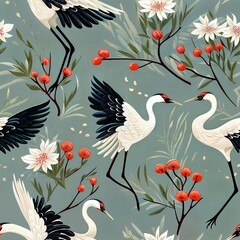cranes and leaves semless pattern