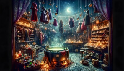 A witch's secret lair where magical costumes and props are created, with spells and potions enhancing the performances. - obrazy, fototapety, plakaty