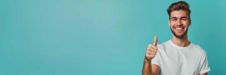 Naklejka premium Joyful Young Man Giving Thumbs Up in Casual Shirt on solid, bright turquoise color background