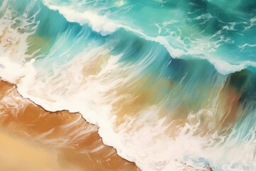 The coastal serenity of an abstract beach, captured from above with delicate light blue transparent water waves and sunlit sands. Summer vacation concept, radiating elegance and tranquility. - obrazy, fototapety, plakaty