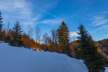 Panoramica con visuale grandangolare che mostra un ambiente di montagna innevato nel nord-est Italia, al tramonto, con la luna visibile nel cielo parzialmente sereno, in inverno