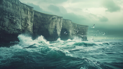 Coastal Cliffs at High Tide Dramatic coastal cliffs being pounded by waves during high tide, with...