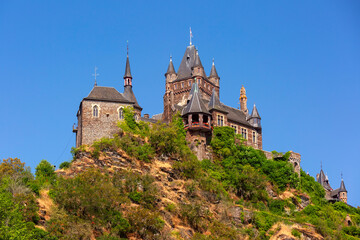 Sunny Reichsburg castle in Cochem, beautiful town on romantic Moselle river, Germany - 757969893