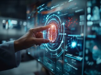 Surgeon uses finger to touch virtual holographic button about brain system  generative ai art