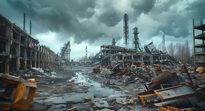 Twisted metal and collapsed structures in an industrial area following a nuclear event