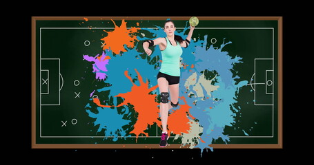 Image of caucasian female handball player holding ball over drawing of game plan