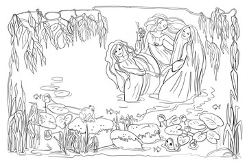 Mermaid girls dream, mermaids swim in the pond, fairy pond with mermaids, illustration, for coloring