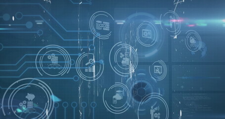 Image of scope scanning with icons over computer circuit board on black background