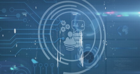 Image of scope scanning with icons over computer circuit board on black background