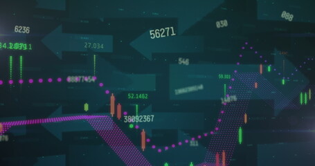 Image of graph and data processing over grey arrows on dark background