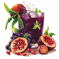 a glass of purple juice with fruit and leaves
