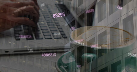 Image of financial data processing over office building and caucasian woman using laptop