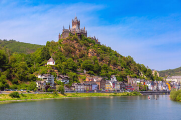 Sunny Cochem, beautiful town on romantic Moselle river, Reichsburg castle on hill, Germany - 757970839