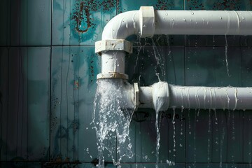 Burst water pipe leakage against weathered industrial wall - obrazy, fototapety, plakaty