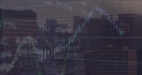 Image of financial data processing over people walking on street and cityscape