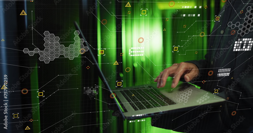 Poster image of data processing over biracial male it engineer over computer servers
