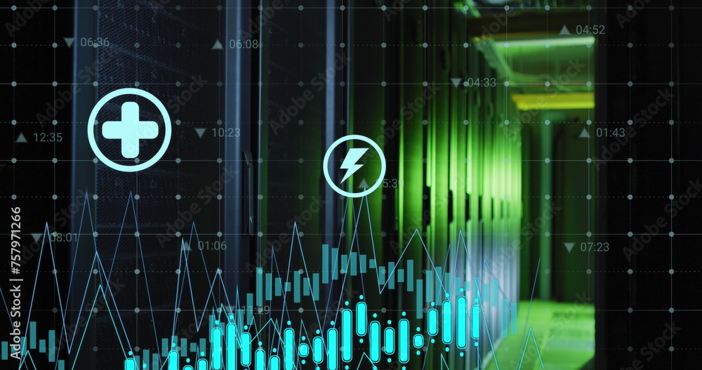 Poster image of graph with changing numbers and icons over server room in background