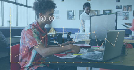 Image of financial data processing over diverse business people in office