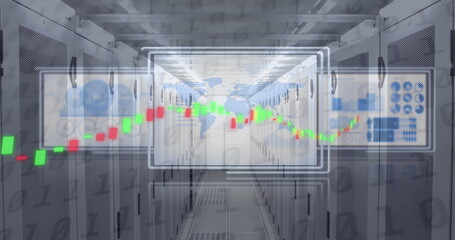 Image of graph over infographic interfaces in digital tablets against server room