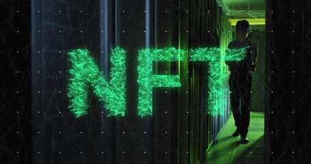 Image of nft text, data processing, asian male it engineer over computer servers