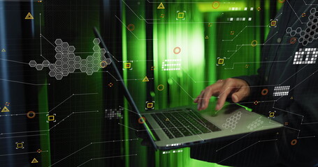 Image of data processing over biracial male it engineer over computer servers