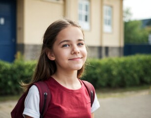A young girl wearing a red shirt and a backpack is smiling. She is standing in front of a school