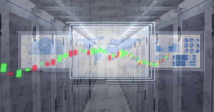 Image of graph over infographic interfaces in digital tablets against server room - Powered by Adobe