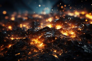 Texture, 3D embers shining, particles of incandescence fire in black background, generative IA - obrazy, fototapety, plakaty