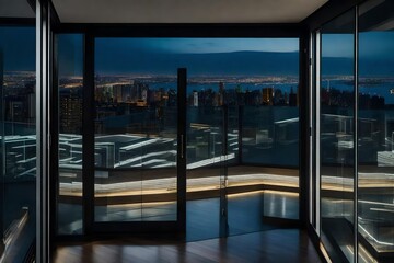 A stylish sliding glass door in a luxury penthouse, opening to a panoramic city view 