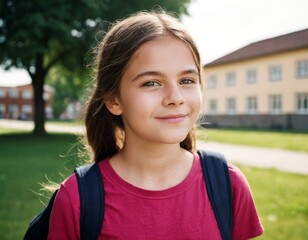 A young girl wearing a red shirt and a backpack is smiling. She is standing in front of a school
