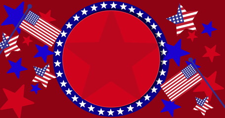 Naklejka premium Image of circle with copy space, stars and flags of united states of america on red background