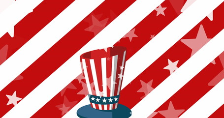 Image of stars and top hat over flag of united states of america