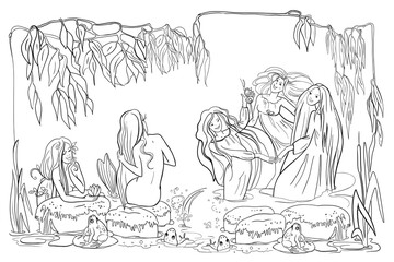 Mermaid girls dream, mermaids swim in the pond, fairy pond with mermaids, illustration, for coloring