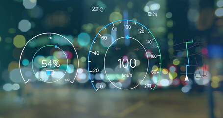 Image of changing numbers in speedometers and navigation pattern over blurred vehicles on street - obrazy, fototapety, plakaty