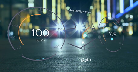 Image of speedometers, changing numbers and navigation pattern over blurred vehicle on street