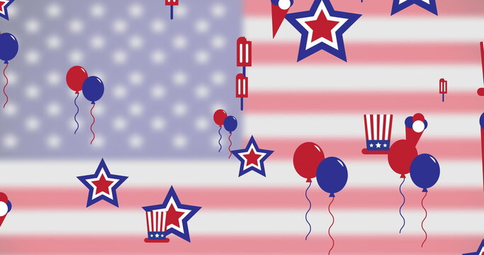 Naklejki Image of stars, balloons and top hats over flag of united states of america background