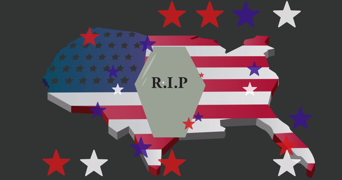 Naklejki Image of coffin and stars over map with flag of united states of america