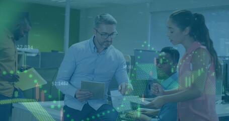 Image of financial data processing over diverse business people in office