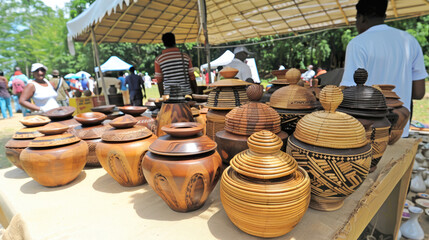 Handmade dishes. Selling handicraft goods at a market or fair