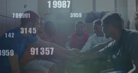 Image of numbers changing over football players stacking hands in changing rooms