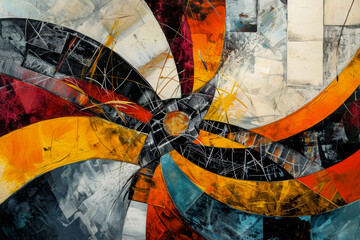Abstract composition with dynamic swirls in bold red, orange, and teal, overlaid with textural elements and geometric lines suggesting upward movement. For illustrating concepts of energy, growth
