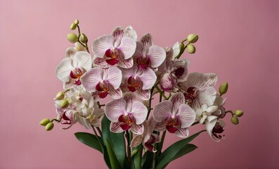 A bunch of pink orchids on pink background. Blooms for mom with copy space. Bride beautiful bouquet, Birthday, Valentine day, Easter, Wedding , banner, card