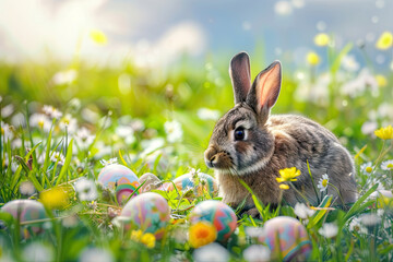 Fototapeta na wymiar easter bunny with colorful eggs in flower meadow