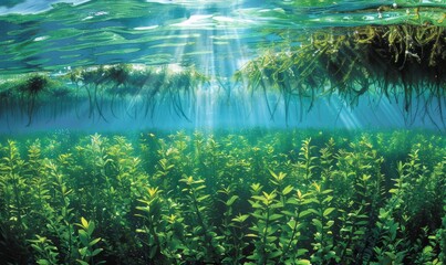Blue carbon sinks. Natural carbon sinks capture emissions. Underwater plant role in carbon sequestration