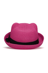 Close-up shot of a pink straw hat with ears. The casual straw hat with ears and with black ribbon is isolated on a white background. Front view.