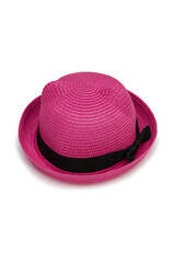 Close-up shot of a pink straw hat with ears. The casual straw hat with ears and with black ribbon is isolated on a white background. Top view.