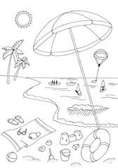 Summer vacation beach sea coast graphic black white landscape sketch illustration vector - 757972482